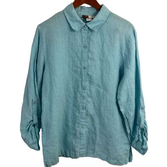 JM Collection Sky Baby Blue Button Up Shirt 14 Embroidered Stripes 100% Linen - Picture 1 of 7